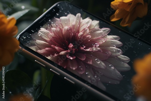 Close-up of phone with flower. Generative AI