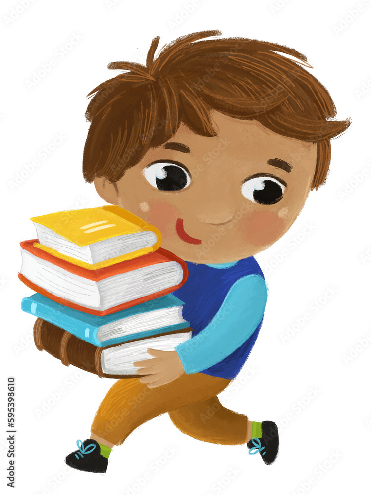 cartoon child kid boy pupil going to school holding books learning childhood illustration for children cartoon child kid boy pupil going to school holding books learning childhood illustration for children