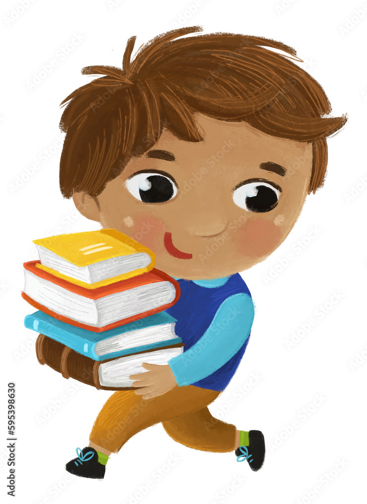 cartoon child kid boy pupil going to school holding books learning childhood illustration for children