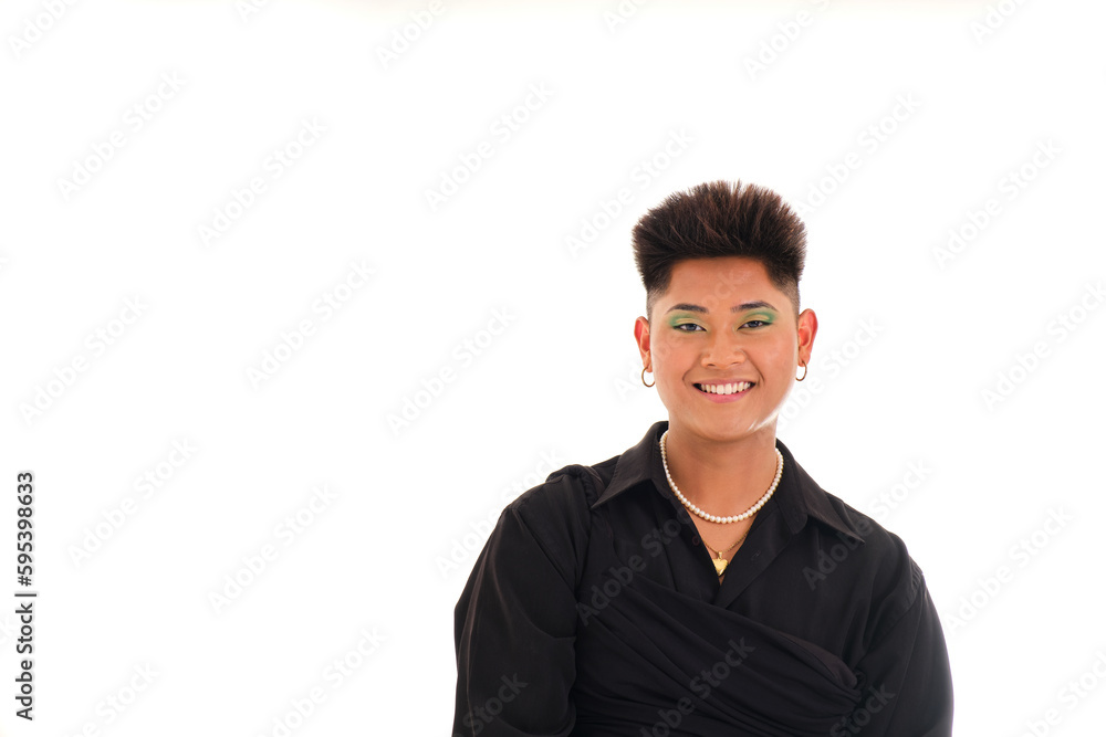 portrait of young gender non binary asian person from front smiling on white background portrait of young gender non binary asian person from front smiling on white background