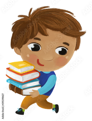 cartoon child kid boy pupil going to school holding books learning childhood illustration for children