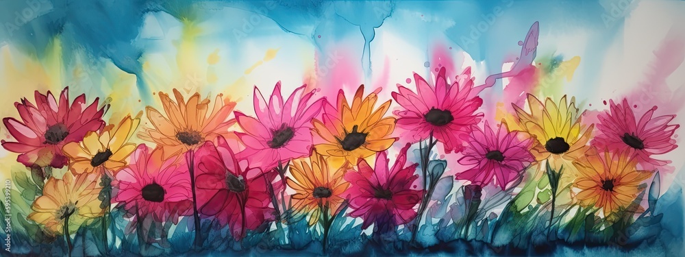 Alcohol ink painting of colorful daisies in a wide border - Generative AI 