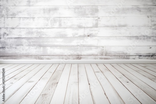 an empty room with a minimalist design featuring a wooden floor and white wall. Generative AI