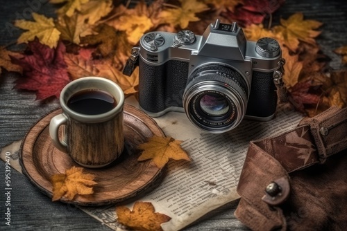 coffee cup and camera on a plate. Generative AI