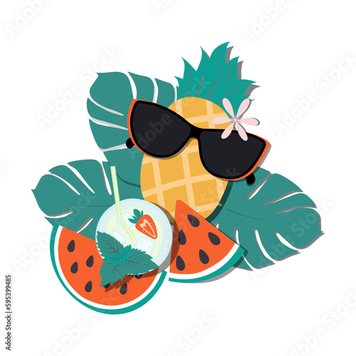 Summer set of pineapple, watermelon slices, cocktail Mojito with strawberry and mint leaves. Vector