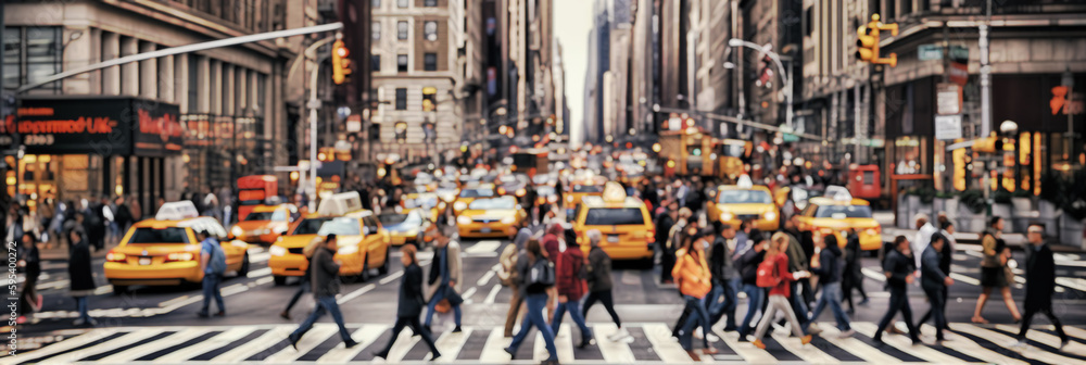 Blurred Busy street scene with crowds of people walking across an intersection in New York City. Blurred image, wide panoramic view of the road with people
