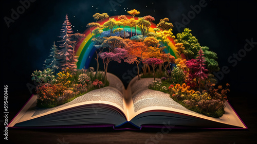 An open book including a rainbow in the middle. Reading and Inspiration. Generative AI © Serhii