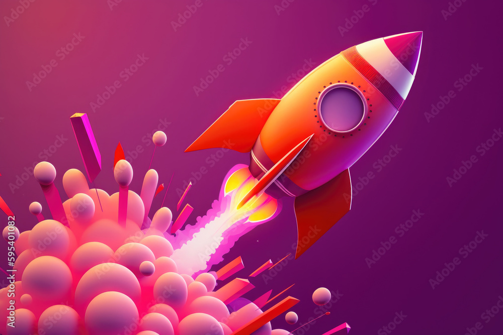 Fototapeta premium Illustration of a pink rocket on a purple background. Colorful spaceship design, funny cartoon. Generative ai.