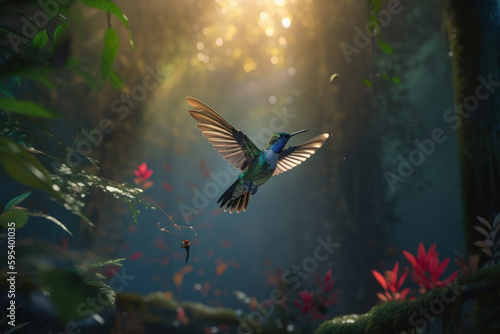 A close-up of a hummingbird's wings, showcasing the intricate details of its feathers. A stunning sight to behold in the heart of a forest. AI Generative.