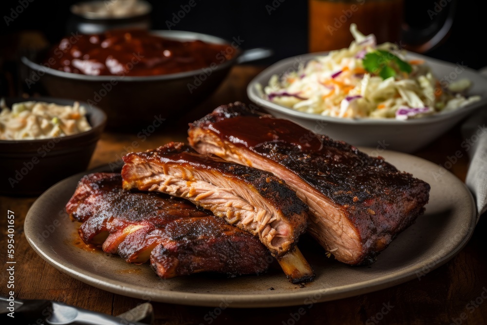 Plate of BBQ ribs with a side of cornbread and coleslaw. Close-up shots to highlight the texture and juiciness of the ribs. Generative AI