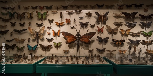 A wall adorned with a variety of taxidermy insects, displaying the specialized interest in entomology, concept of Collection, created with Generative AI technology photo