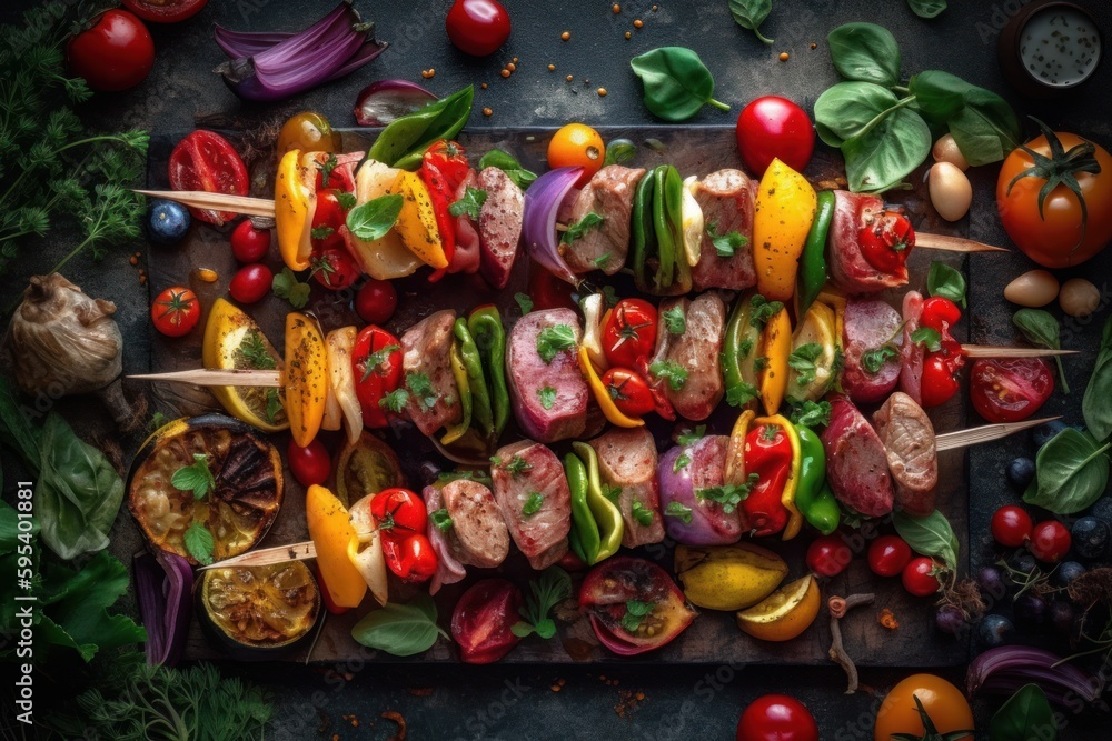 Skewers filled with colorful vegetables and meat, ready to be grilled. Generative AI