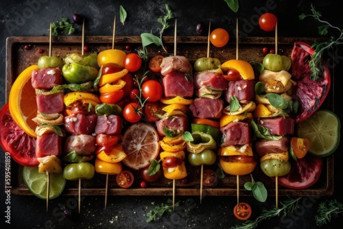 Skewers filled with colorful vegetables and meat, ready to be grilled. Generative AI © bluebeat76