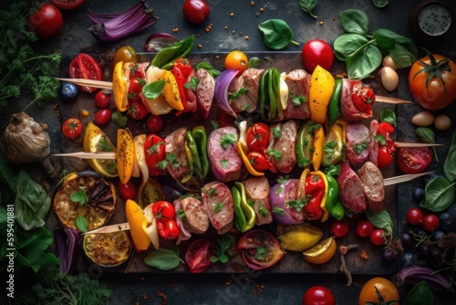 Skewers filled with colorful vegetables and meat  ready to be grilled. Generative AI