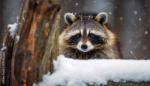 Furry red fox sits by tree, snowing generated by AI