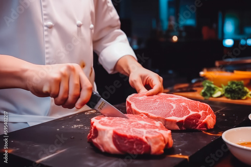 Chef butcher prepare beef steak. Fresh raw meat at the butcher. Close up of meat in store. Generative AI.