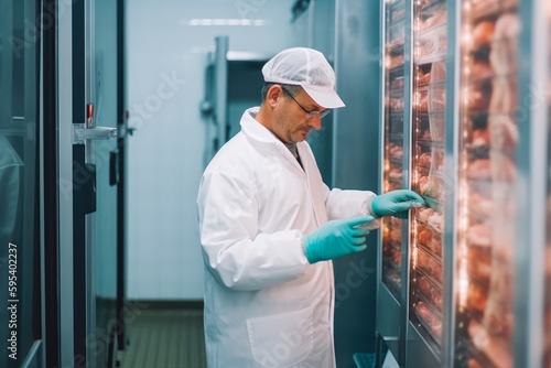 Butcher measuring pork temperature in the refrigerator. Food scientist using measuring device on piece of meat. Generative AI. photo