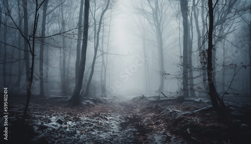Spooky fog surrounds dark, mysterious autumn forest generated by AI © Jeronimo Ramos