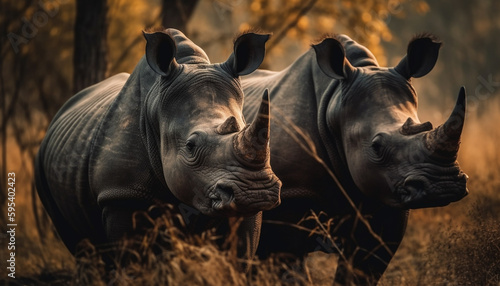 Endangered rhino grazing in African savannah sunset generated by AI © Jeronimo Ramos