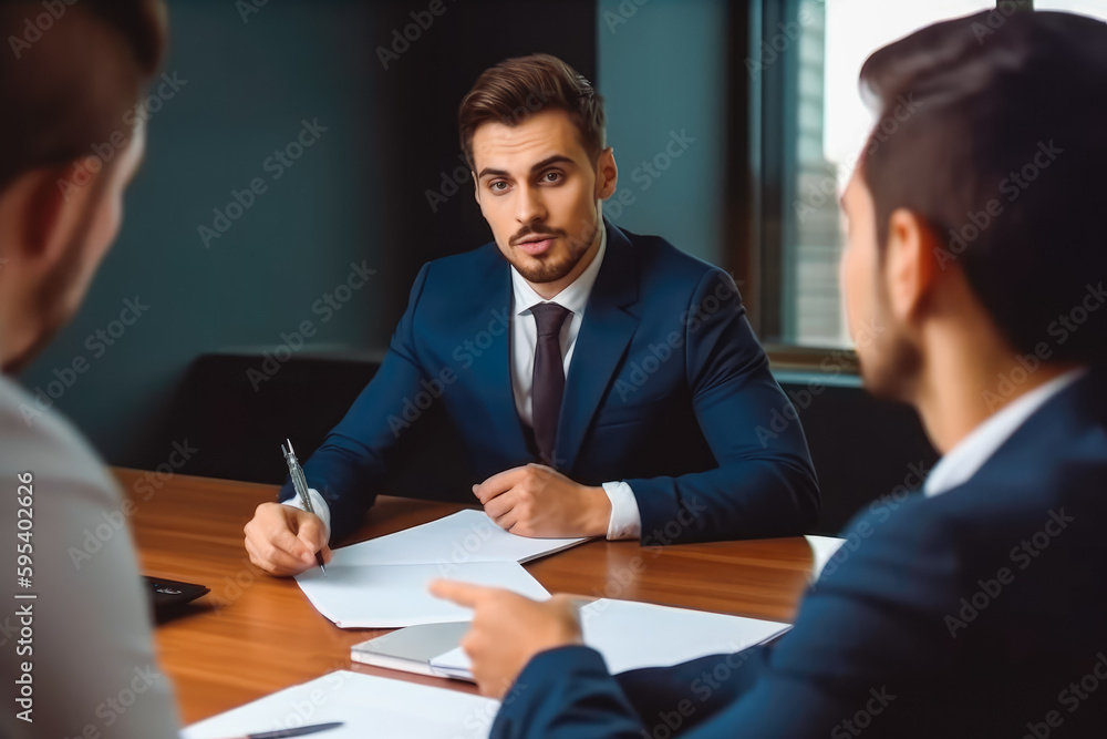 Business man explaining terms of contract to his clients. Closeup of business meeting with professionals. Generative AI. Business man explaining terms of contract to his clients. Closeup of business meeting with professionals. Generative AI.