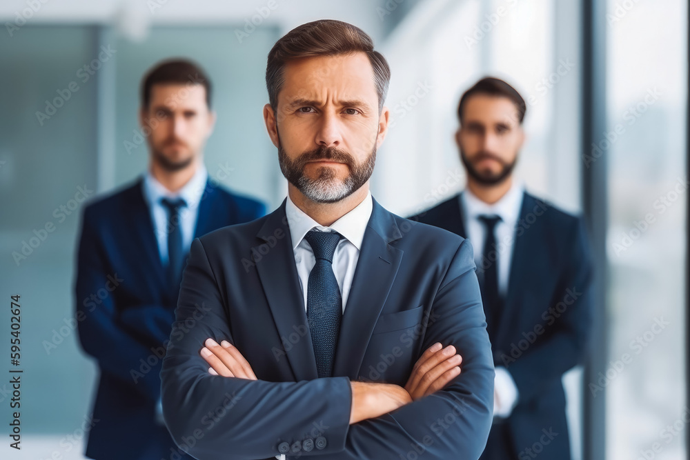 Businessman CEO executive male entrepreneur with crossed hands standing in front of colleagues. . Generative AI. Businessman CEO executive male entrepreneur with crossed hands standing in front of colleagues. . Generative AI.