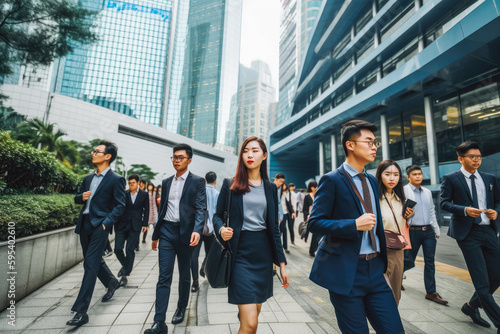 Male and female business people walk and discuss business. Modern busy life, talking business while going to work. Generative AI.