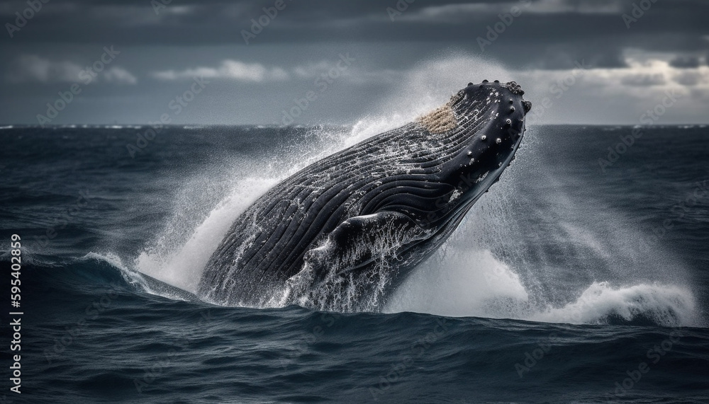 Fototapeta premium Majestic humpback breaches, beauty in nature witnessed generated by AI