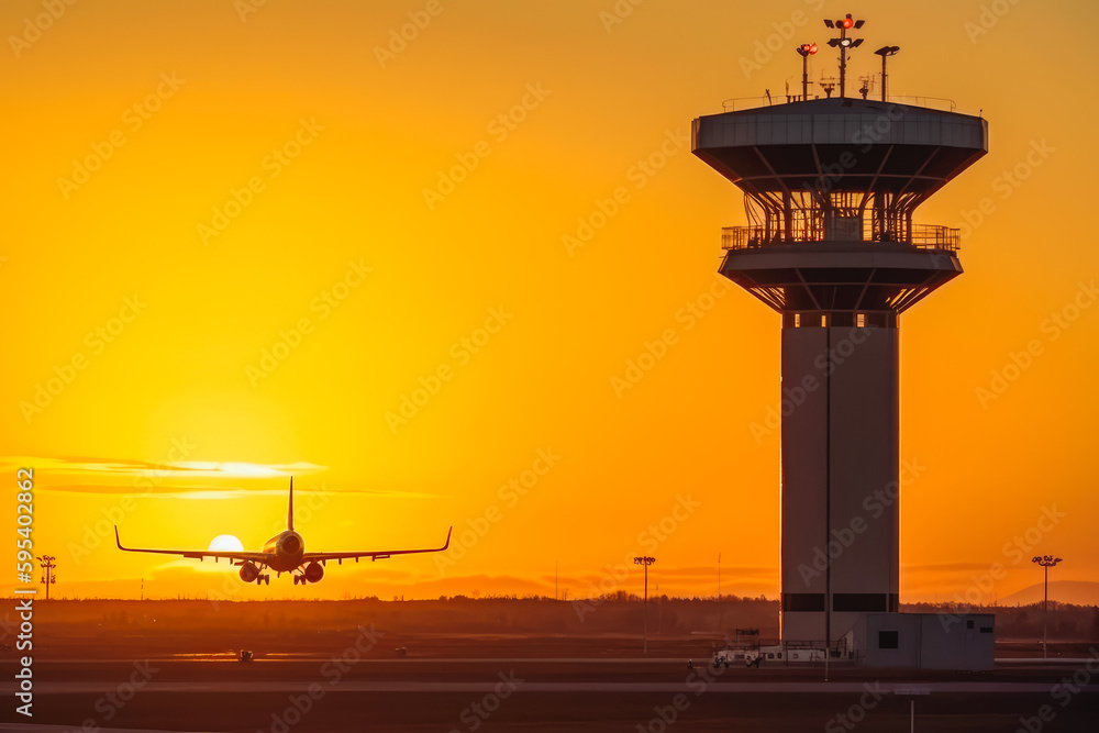 Plane landing above control tower in sunset light. Runway shot of plane taking off at sunset. Generative AI. Plane landing above control tower in sunset light. Runway shot of plane taking off at sunset. Generative AI.