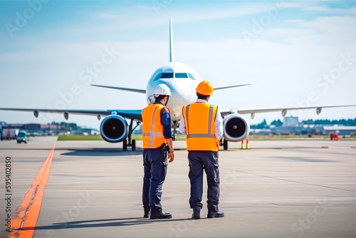 Air traffic control ground crew workers talking near aircraft. Professional air traffic control workers on runway. Generative AI