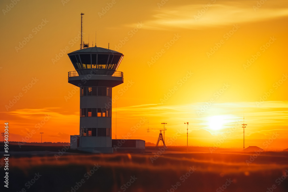 Plane landing above control tower in sunset light. Runway shot of plane taking off at sunset. Generative AI. Plane landing above control tower in sunset light. Runway shot of plane taking off at sunset. Generative AI.
