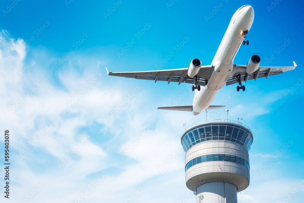 Passenger aircraft Plane landing above air traffic control tower