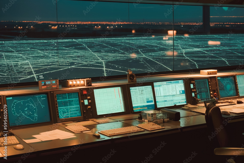 Fototapeta premium Weather map in air traffic control center. Professional air traffic control. Empty office. Generative AI