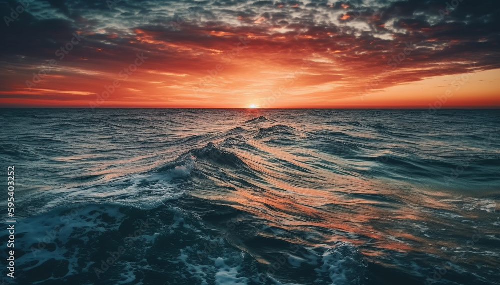 Sunset over water, waves crash, nature beauty generated by AI
