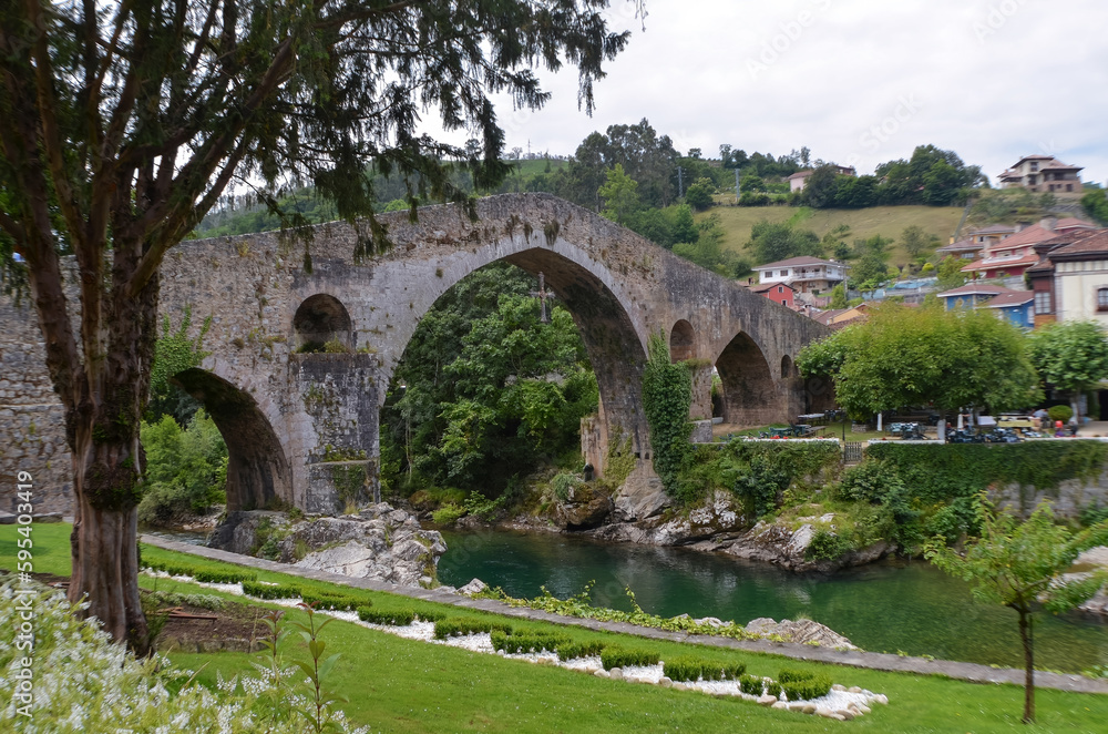 The Roman bridge of Cangas de Onis, in Asturias, Spain, below, the river Sella.