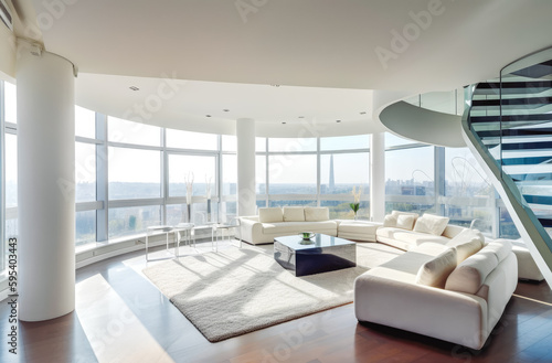 Modern penthouse in the middle of the city center. Interior shot of modern building in urban setting. Generative AI
