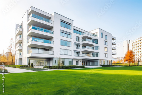 Modern multistory apartment building with white walls and green front yard. Generative AI