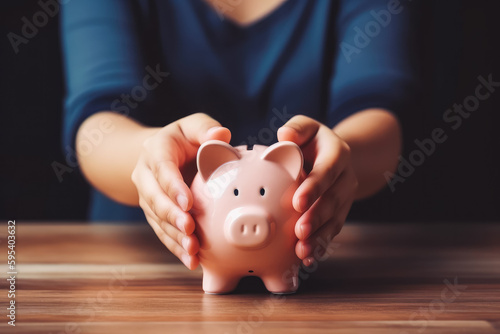 Panoramic image of woman holding piggy bank. Concept of saving money, buying new home. Generative AI.