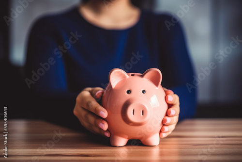 Panoramic image of woman holding piggy bank. Concept of saving money, buying new home. Generative AI.