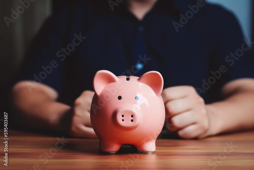 Panoramic image of man holding piggy bank. Concept of saving money, buying new home. Generative AI.