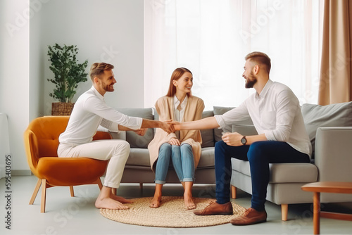 Insurance agent offers home ownership and life insurance to client. Business meeting with clients, shaking hands and making a deal. Generative AI © VisualProduction