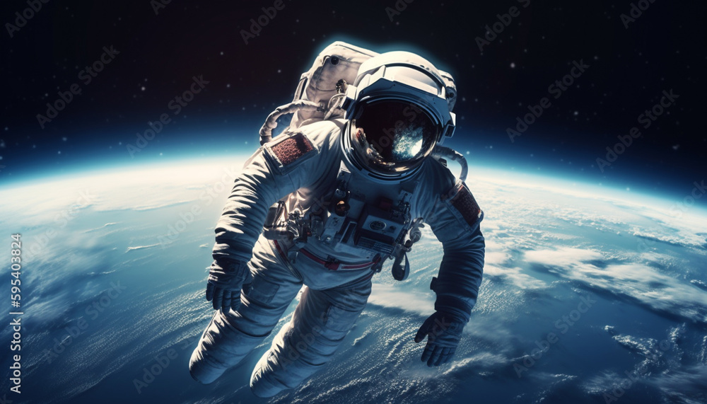 Astronaut in space suit explores blue nebula generated by AI