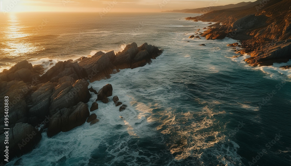 Obraz premium Sunset over rocky coastline, waves crash below generated by AI