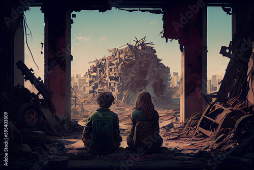 two people sit in a city destroyed after the war. Post apocalyptic scene. High quality illustration