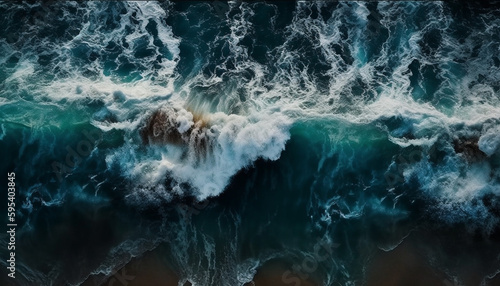 Breaking waves spray foam on rocky coastline generated by AI