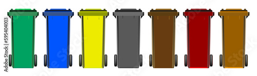 Sorting garbage into plastic colored trash cans. Vector image of garbage sorting. Caring for the environment.