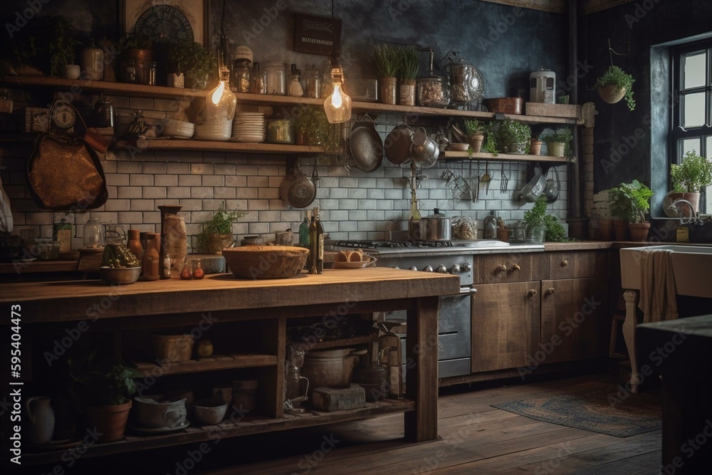 A vintage kitchen, crafted using reclaimed materials. Generative AI