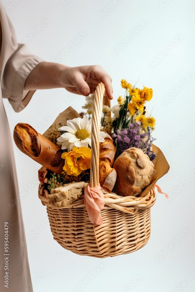 Hand Holding a Basket of Fresh Bread and Flowers on White Background.