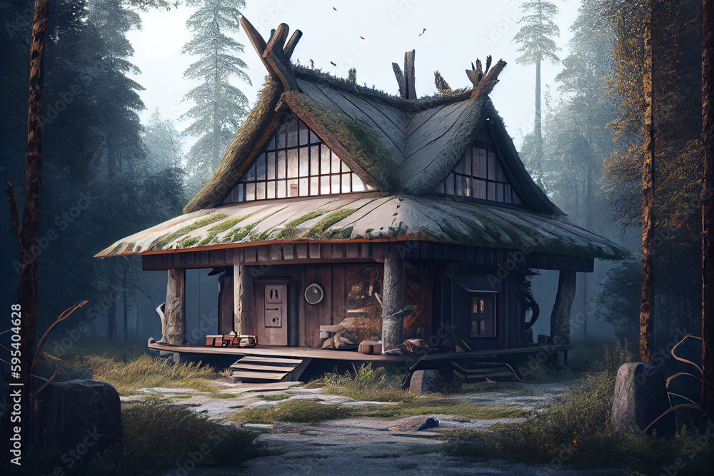  Old shaman's house in the forest, High quality illustration