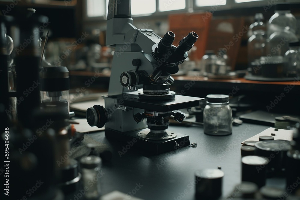 Scientific lab conducting research using microscope and equipment. Generative AI