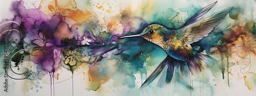 alcohol ink art of colorful hummingbirds - wide border - Generative AI art
